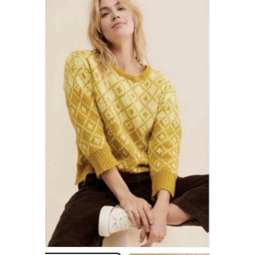 Maeve Anthropologie Yellow Green Argyle Diamond Knit Crewneck Sweater Medium